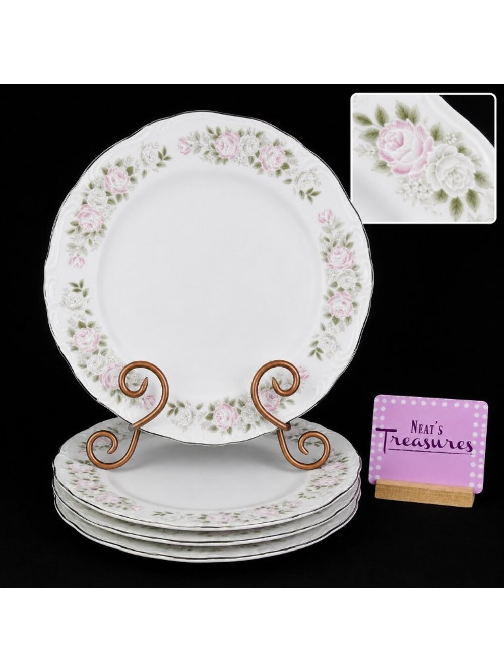 Sheffield Fine China CLASSIC 501 Pink Roses  Platinum Trim Dinner Plates Set 5